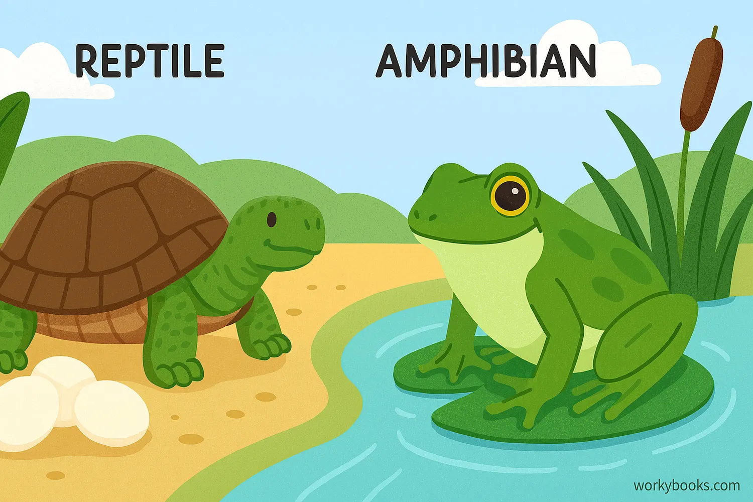 Turtle and frog comparison showing reptile vs amphibian traits in land-water habitats