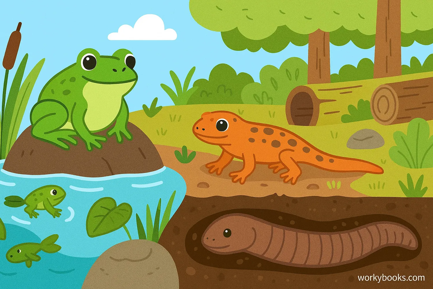 Frog, salamander, and caecilian in pond, forest, and underground habitats.