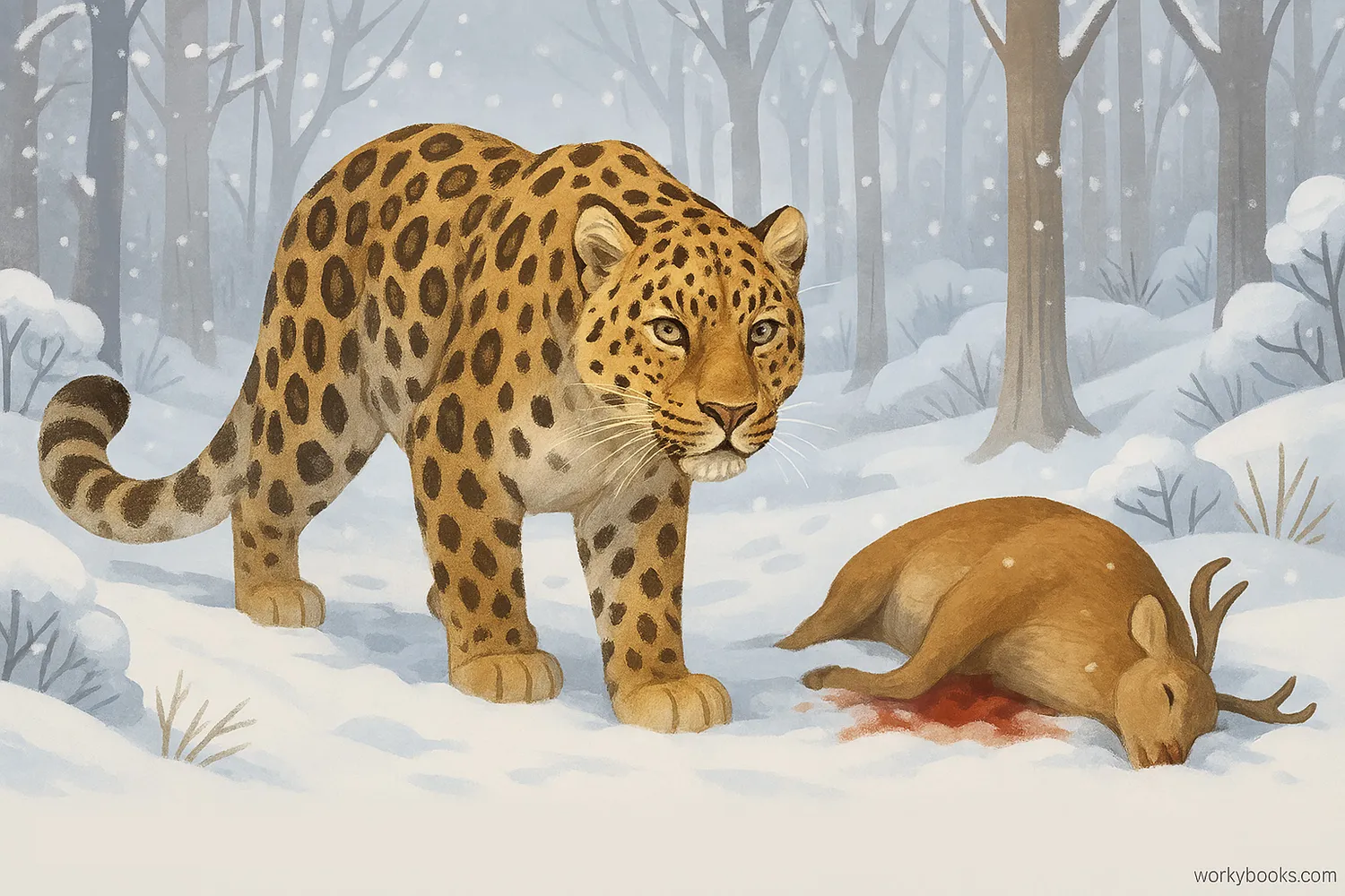 Amur leopard in snowy forest with prey, showing threats like habitat loss and poaching.