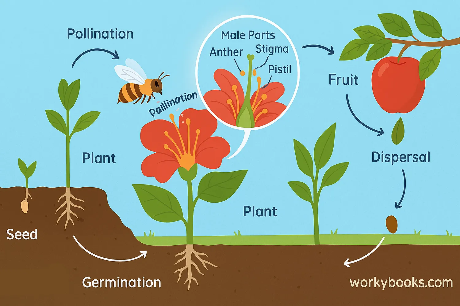 Angiosperm life cycle from seed to fruit with pollination and fertilization stages clearly shown.