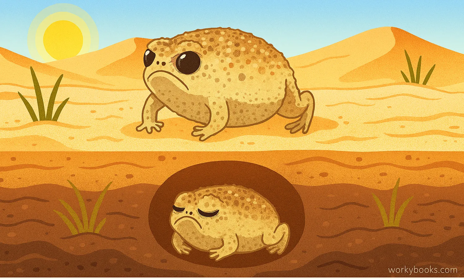 Desert rain frog digging burrow and hiding underground during drought in Southern Africa.