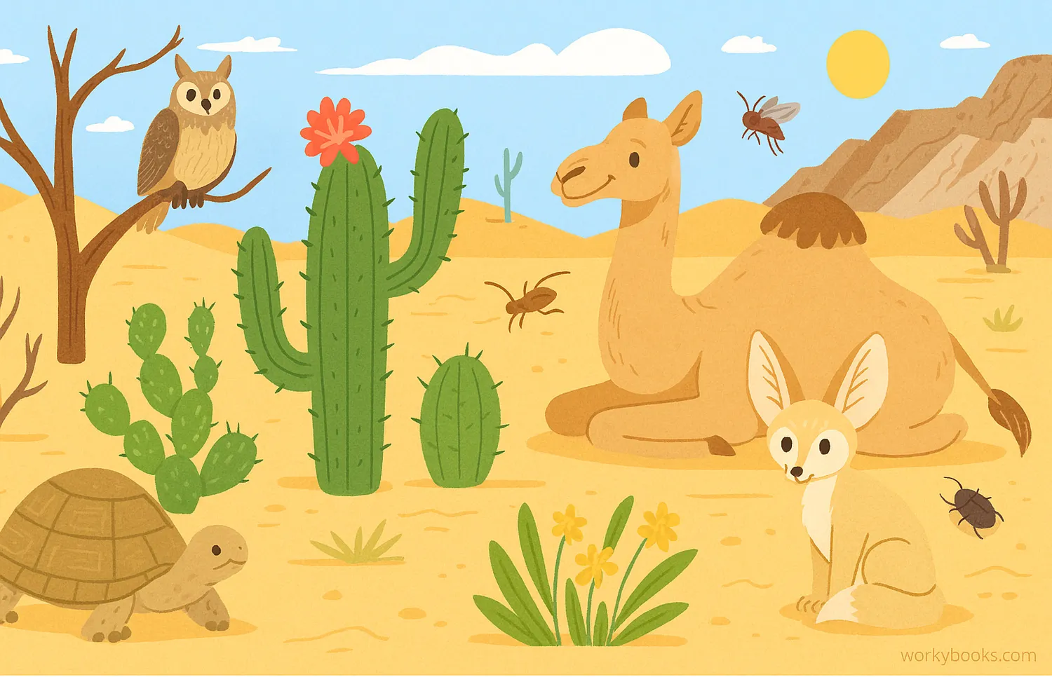 Desert animals and plants showing water-saving adaptations in a wide, sunlit ecosystem scene.