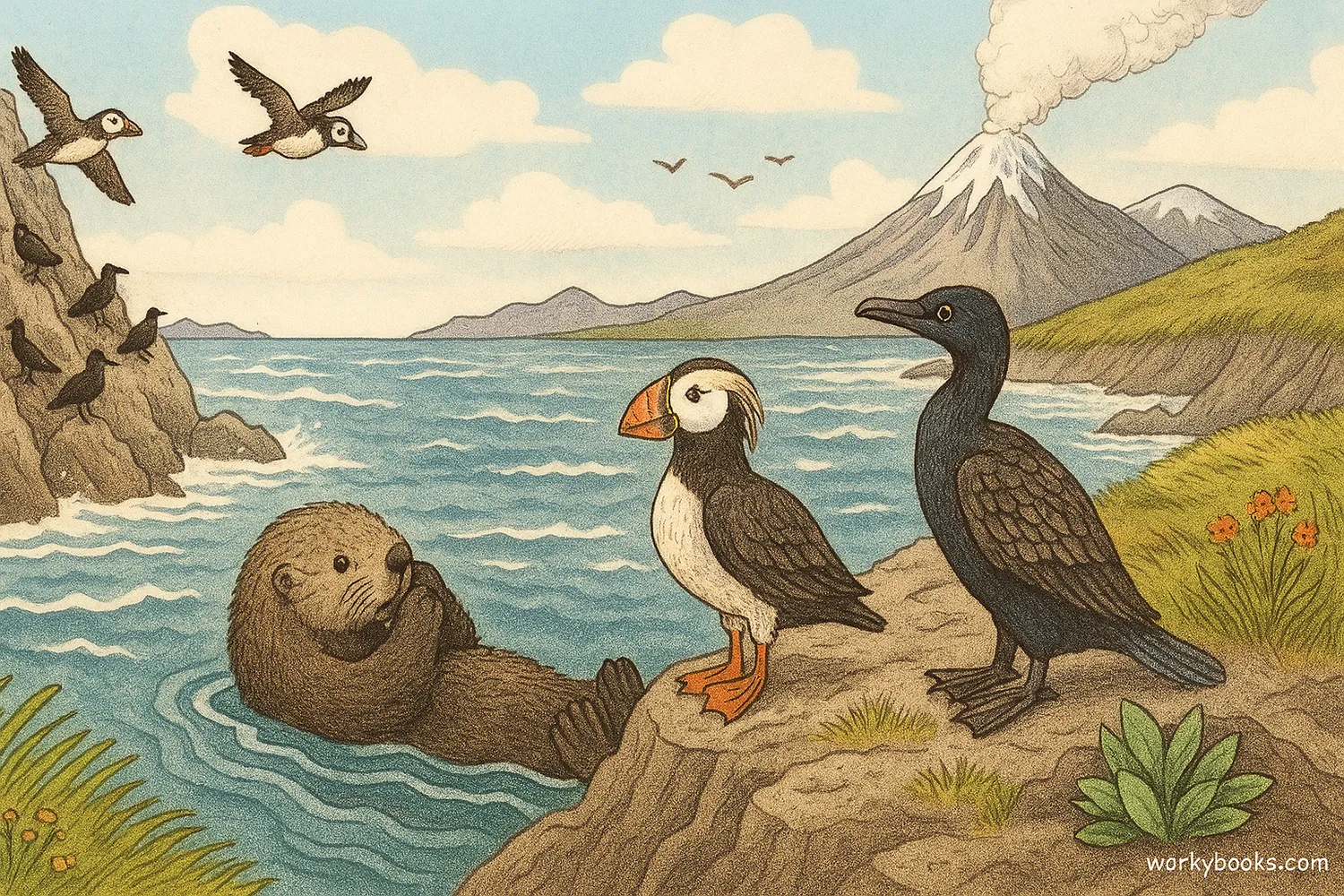 Wildlife and plants adapted to Aleutian Islands’ harsh climate, shown in a wide coastal scene.