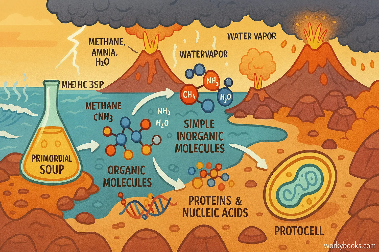 Early Earth with volcanoes, lightning, and primordial soup forming molecules and protocells.