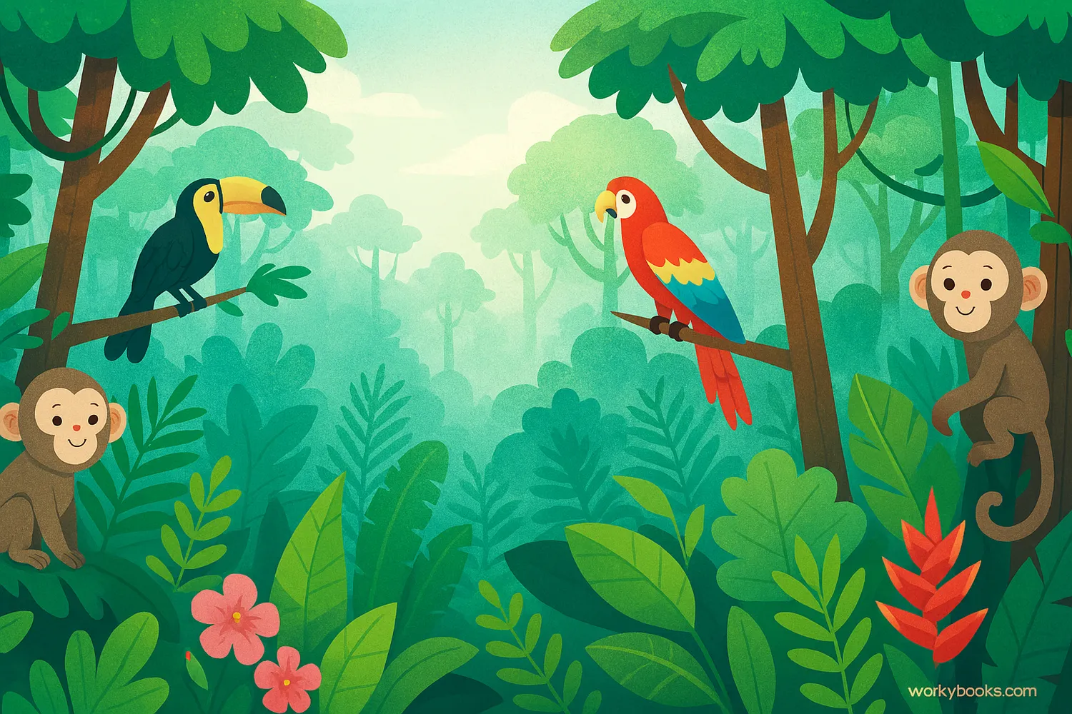 Lush rainforest with diverse vegetation and wildlife in a tropical climate