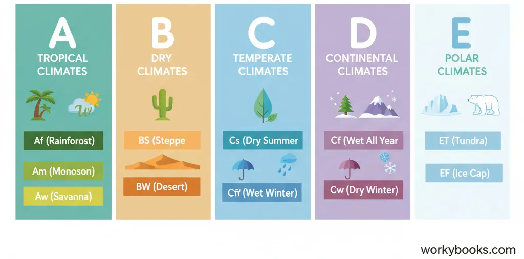 Diagram of Koppen climate classification system with categories and subcategories