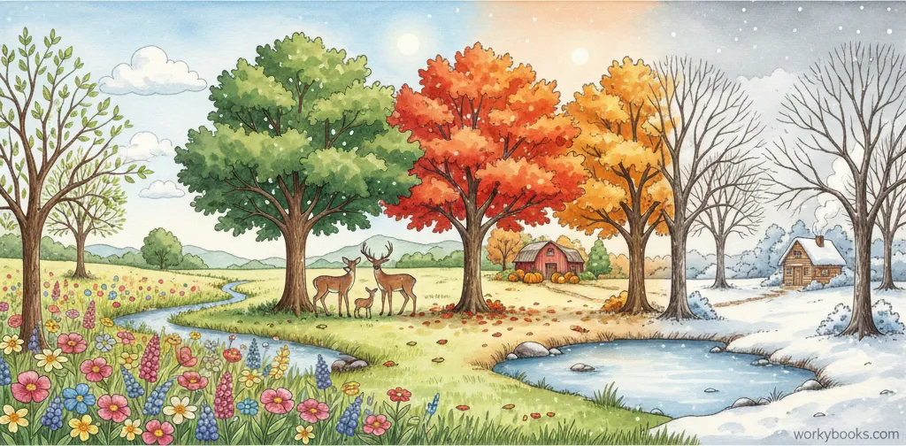 Temperate forest with four distinct seasons shown through changing foliage