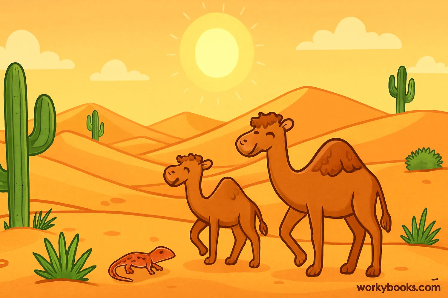 Desert landscape with sand dunes, cacti, and a bright sun in arid climate zone