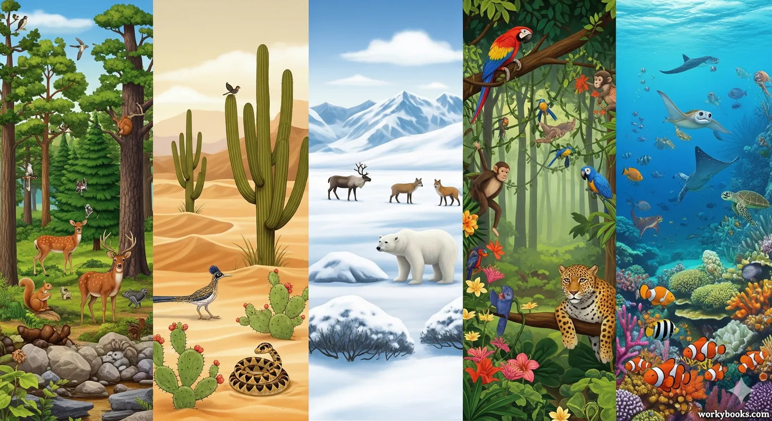 Collage showing different biomes including forest, desert, tundra, and aquatic environments
