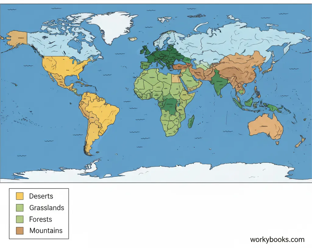 World map with different colors showing distribution of terrestrial biomes