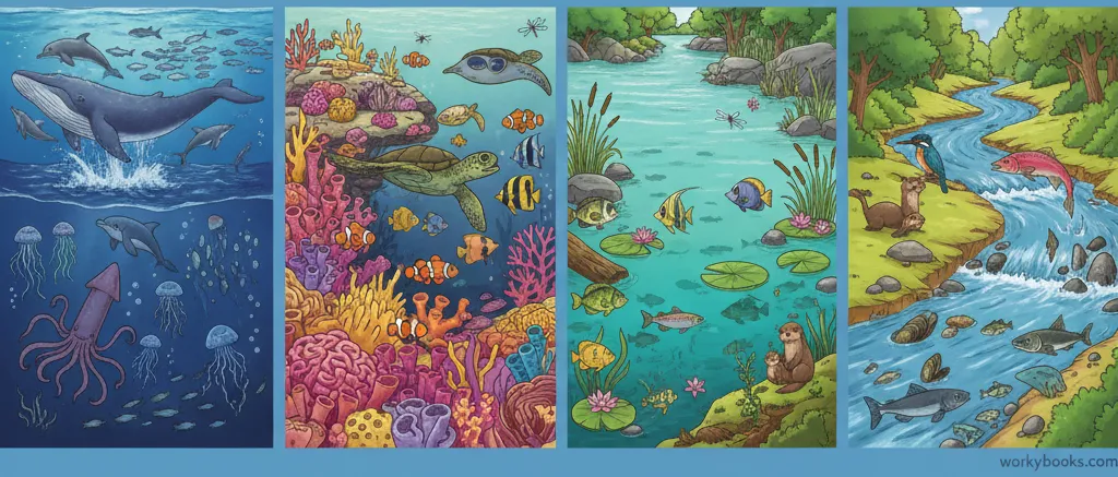 Illustration showing ocean, coral reef, freshwater lake and river ecosystems