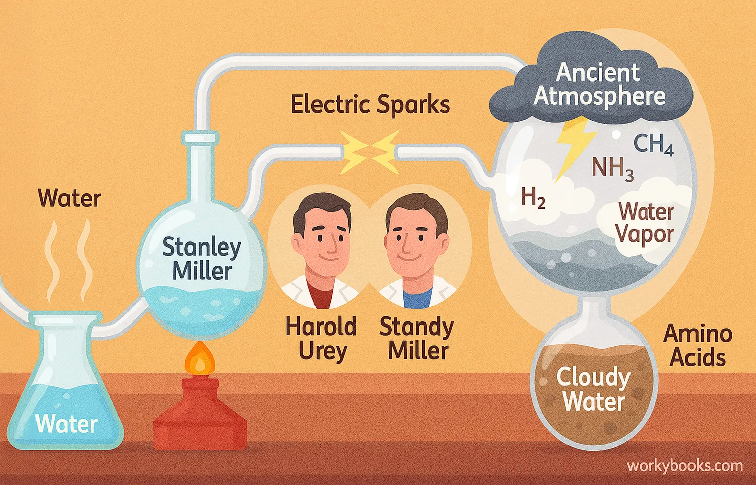 Miller-Urey experiment setup showing flasks, gases, sparks, and amino acid formation. Image caption: Early Earth simulation reveals amino acids in Miller-Urey experiment, hinting at life’s origins.