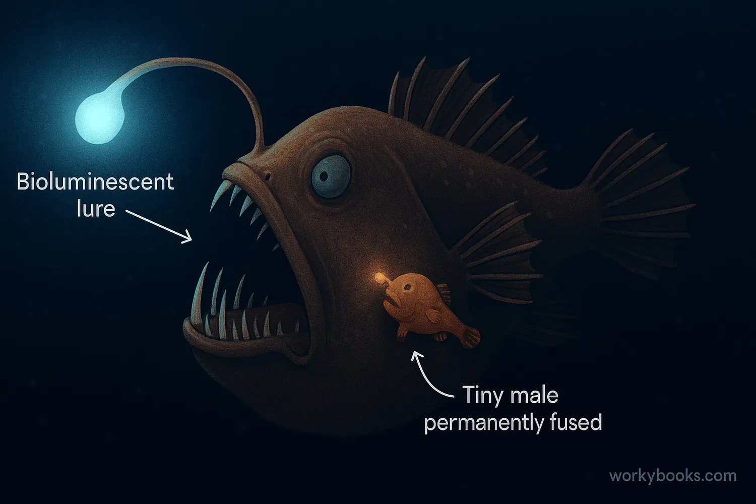 Female anglerfish with glowing lure and tiny male fused to her body in deep sea