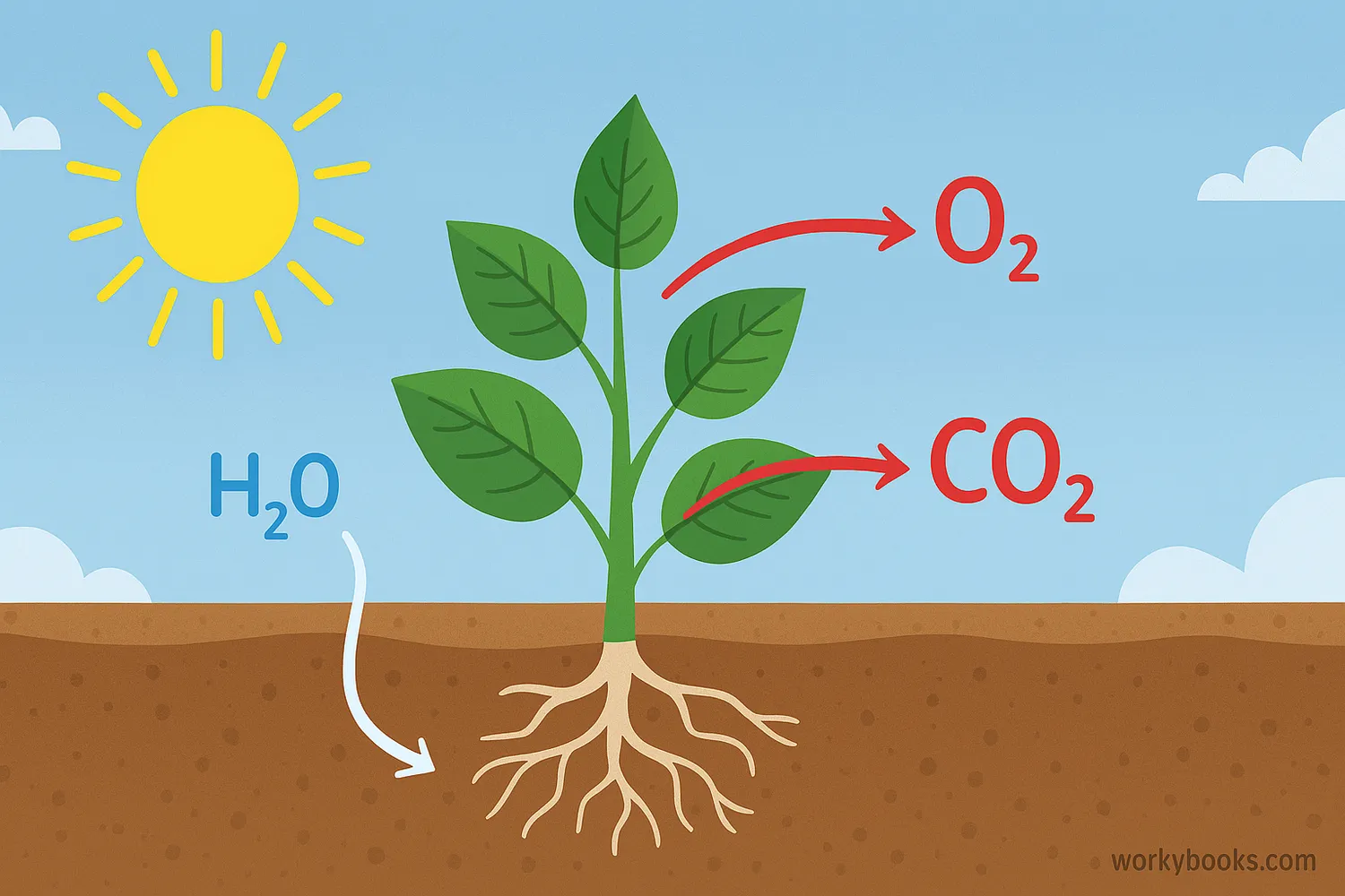 Diagram showing a plant converting sunlight, water, and carbon dioxide into glucose and oxygen
