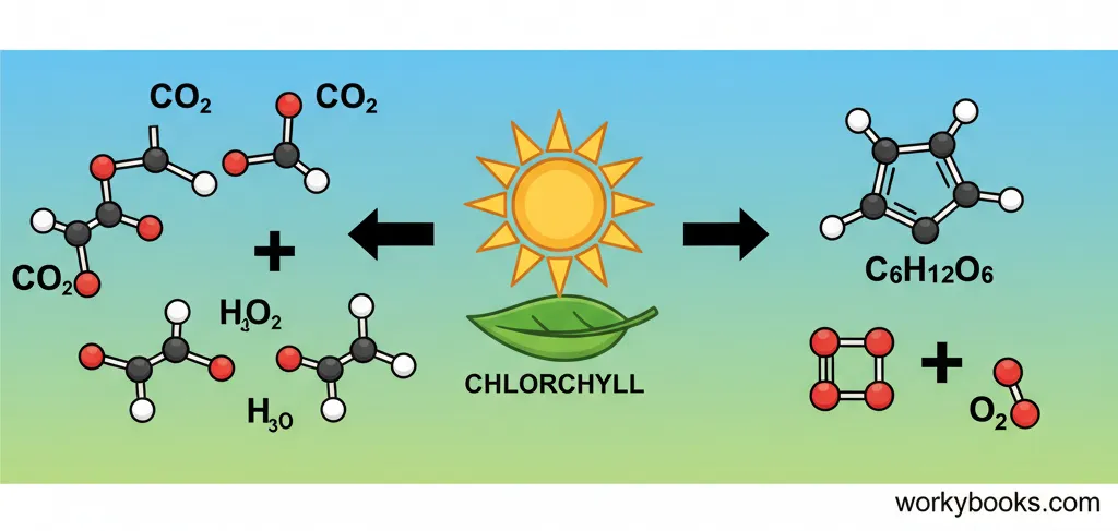 Visual representation of the photosynthesis chemical equation showing inputs and outputs