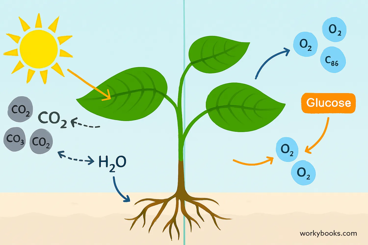 Diagram showing the inputs and outputs of photosynthesis with visual representations