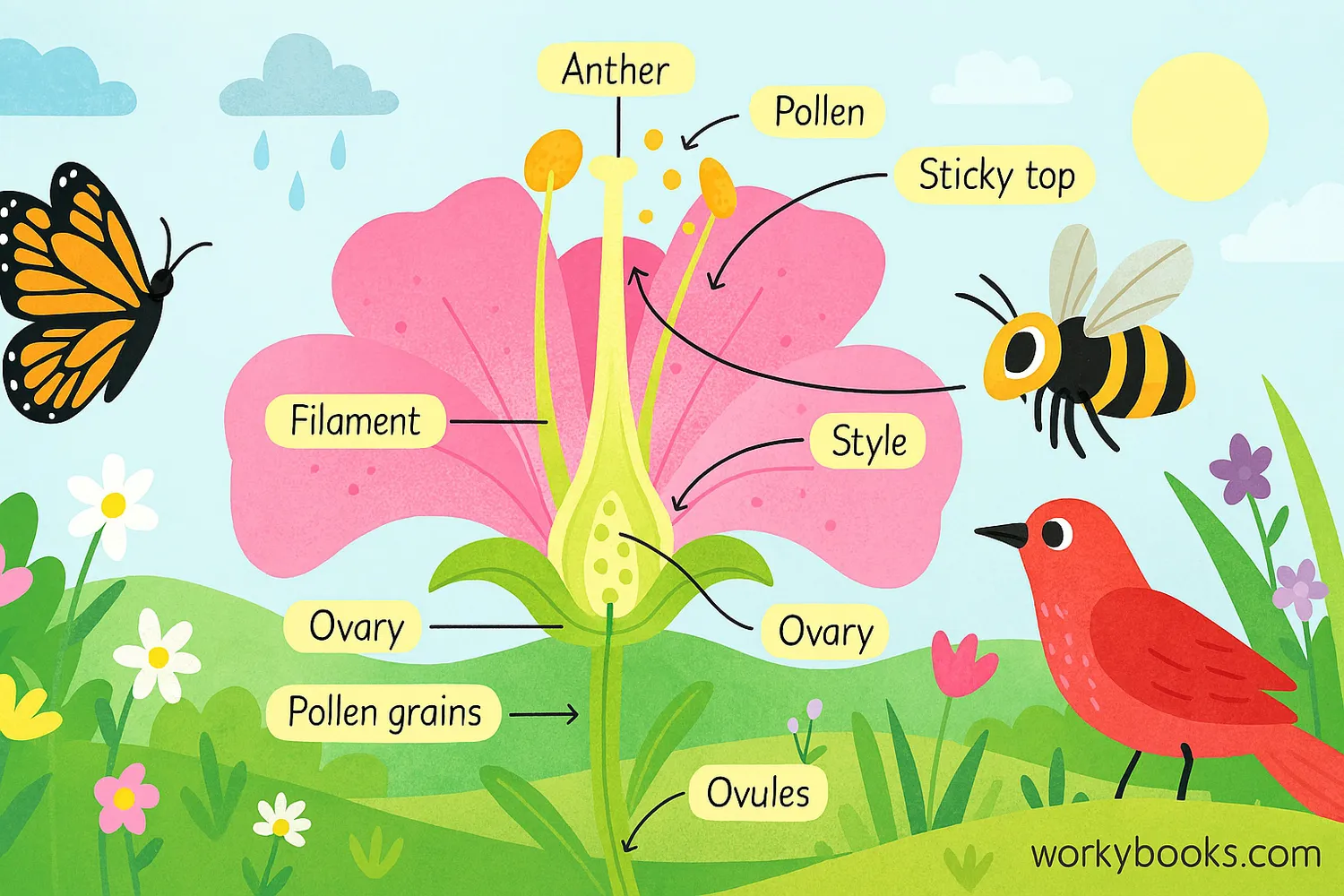 Labeled flower diagram showing pollen transfer by bee, butterfly, and bird in colorful meadow.