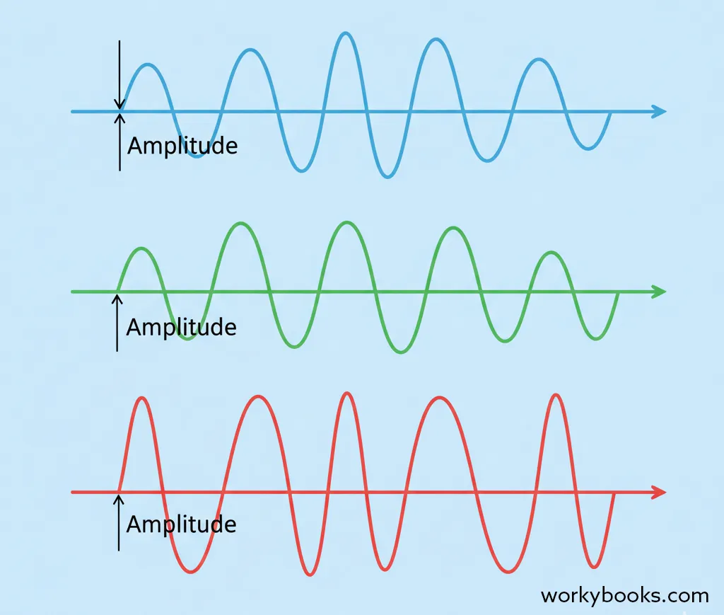Diagram showing waves with different amplitudes, highlighting the measurement from rest position to crest
