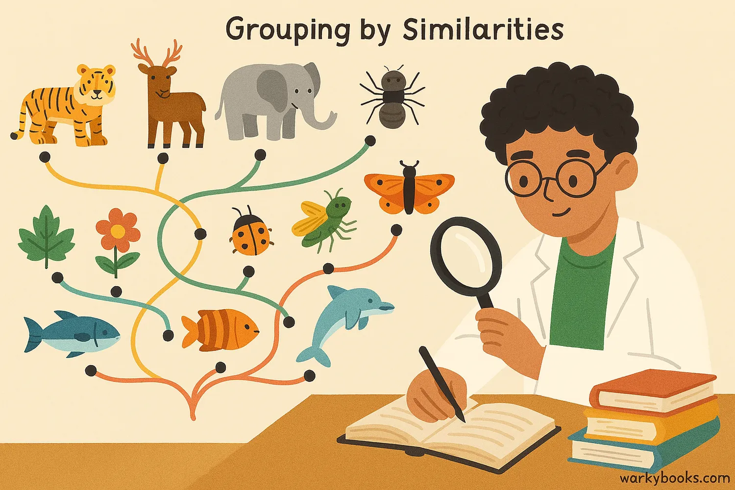 Diagram showing different animals and plants organized into classification groups with connecting lines