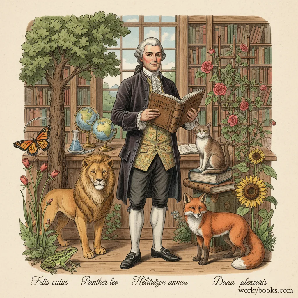 Portrait of Carolus Linnaeus with examples of his classification system