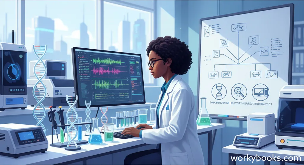 Scientist looking at DNA sequences on a computer screen with molecular models