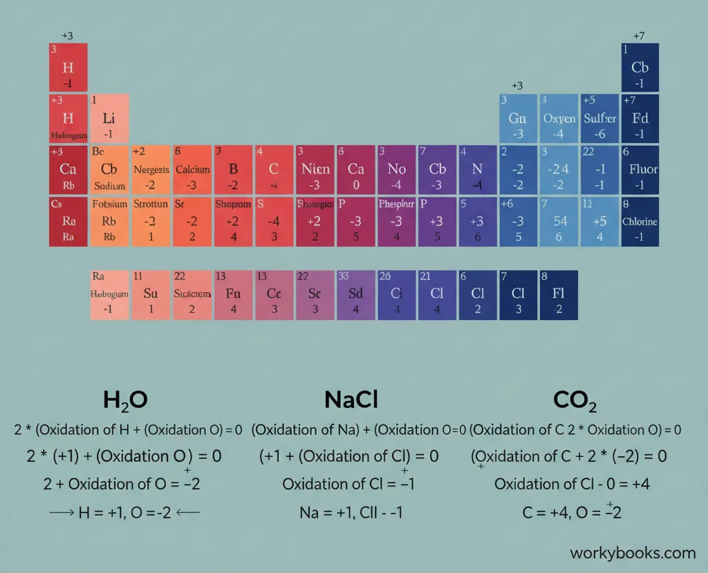 Periodic table with oxidation numbers shown for different elements