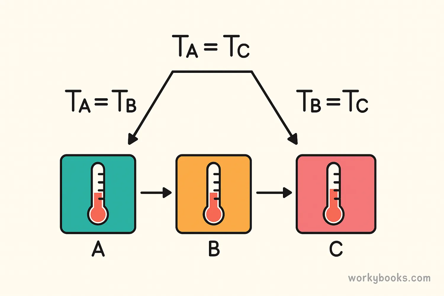 Diagram showing three objects with thermometers demonstrating the zeroth law