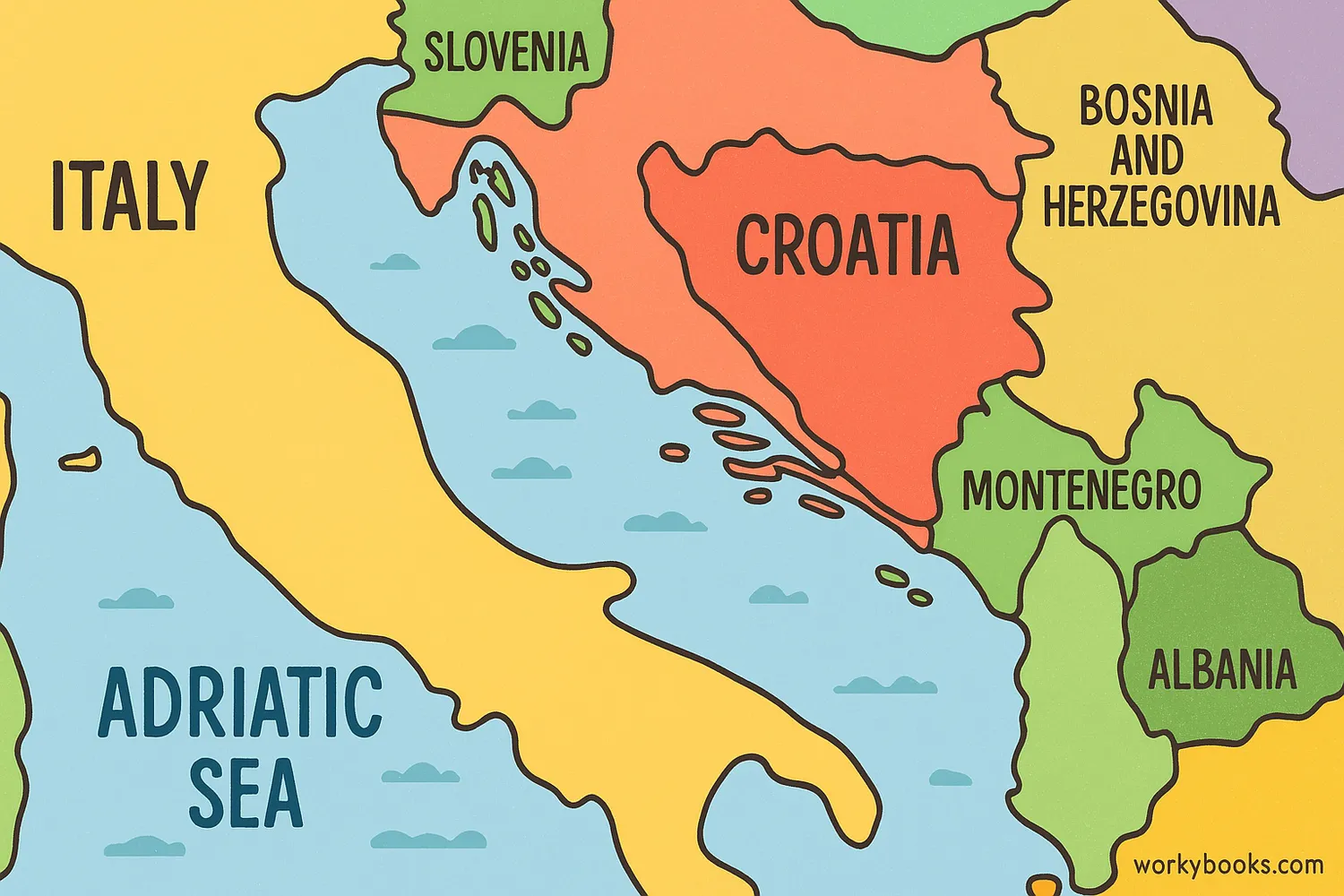 Map of Adriatic Sea with labeled bordering countries in vibrant colors. 📝 Image caption: Countries bordering the Adriatic Sea: Italy, Slovenia, Croatia, Bosnia, Montenegro, Albania.