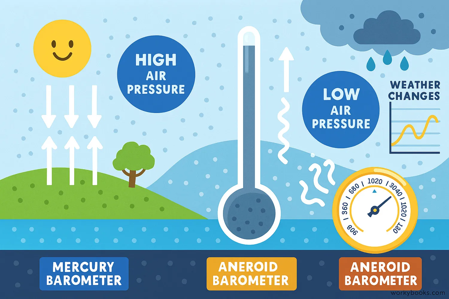 Air pressure effects on weather with barometers, cloud formation, and rising/sinking air. 📝 Image Caption: Air pressure changes influence weather patterns and are measured using mercury and aneroid barometers.