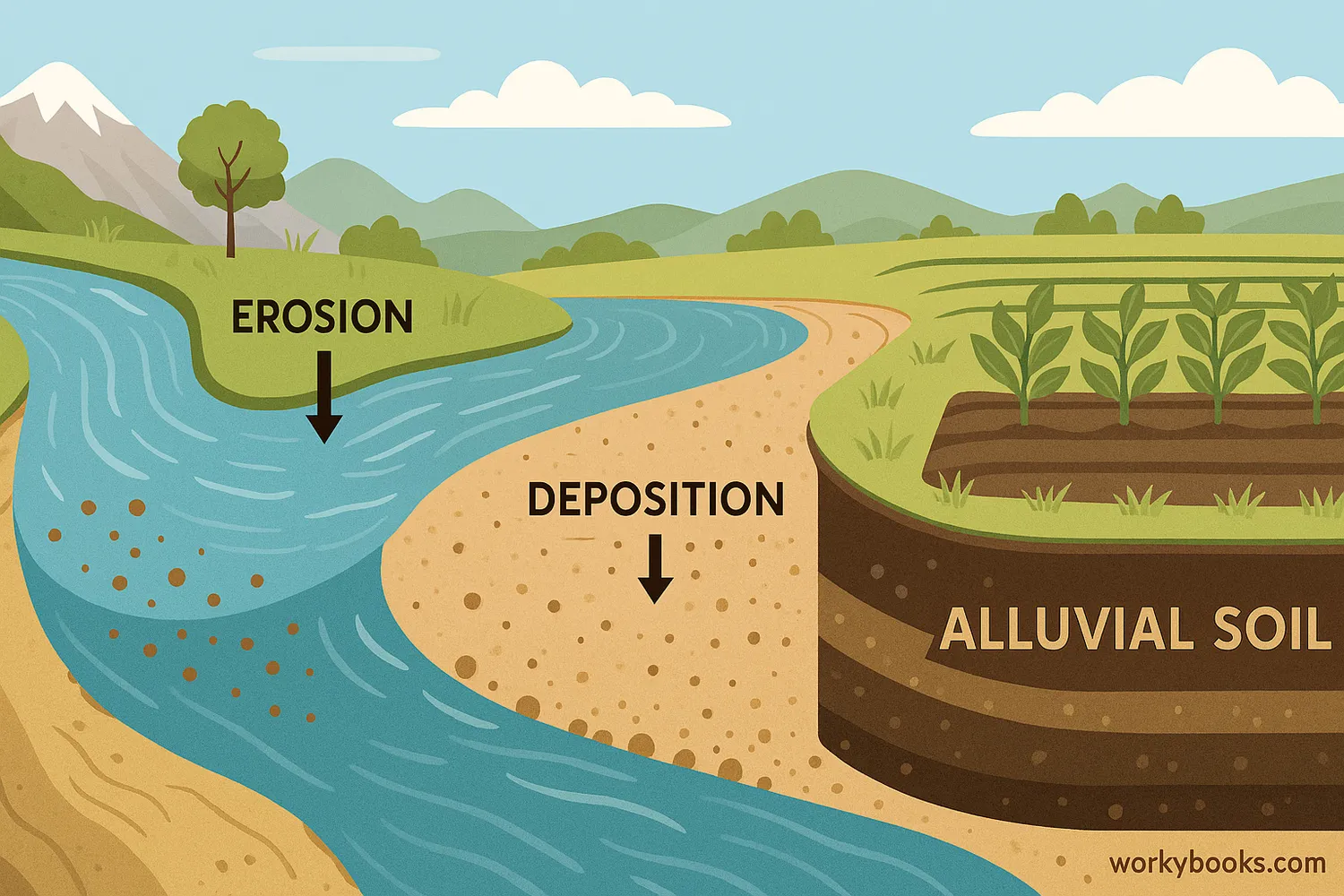 River erosion and deposition forming fertile alluvial soil with labeled layers and crops.