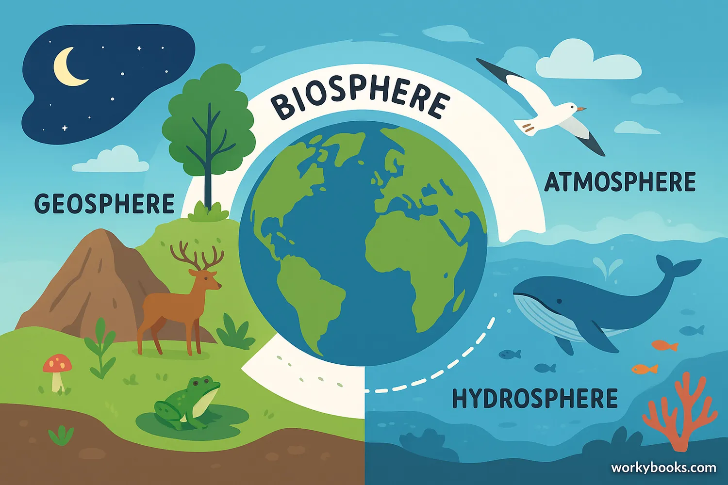 Colorful illustration of Earth’s biosphere with geosphere, hydrosphere, and atmosphere connections.