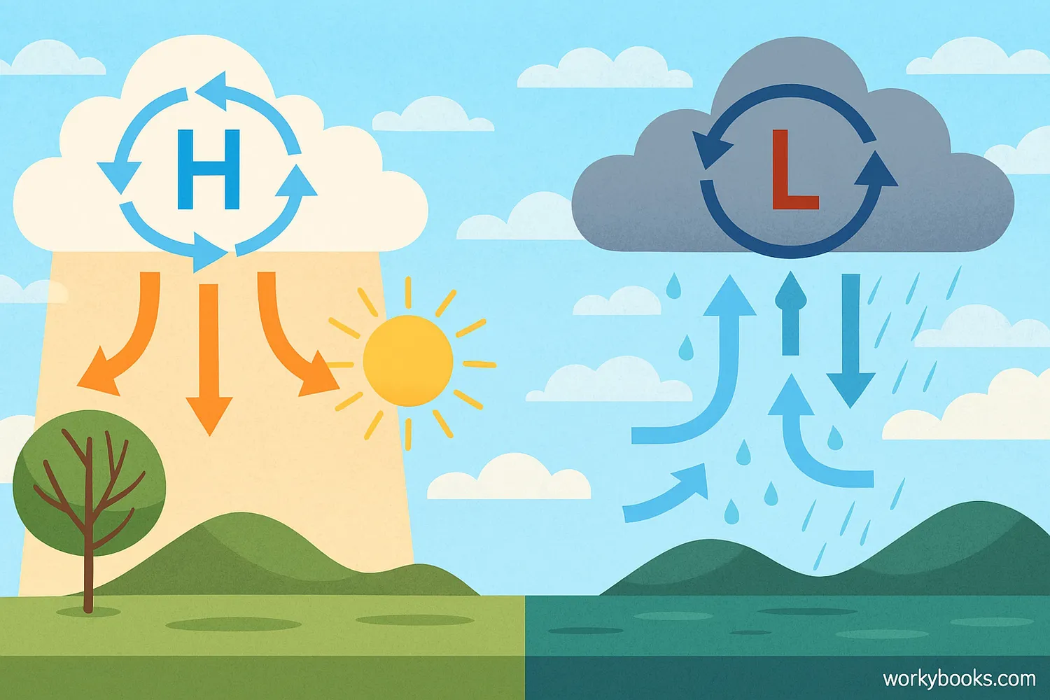 Anticyclone and cyclone comparison showing air movement, pressure zones, and weather effects. 📝 Image Caption: Anticyclones bring clear skies; cyclones cause rain and wind through rising air.