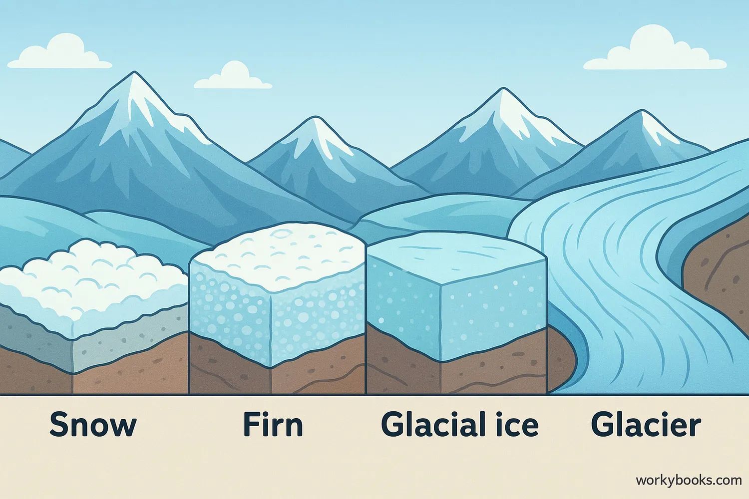 Snow transforms into glacier through firn and ice layers, shaping Earth's surface. 📝 Caption: Snow compacts into firn and ice, forming glaciers that reshape mountains and valleys. Let me know if you'd like to expand this into a full set on Earth processes or climate systems!