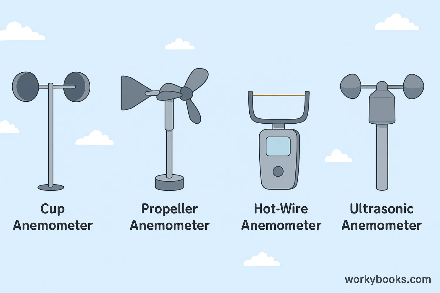 Cup, propeller, hot-wire, and ultrasonic anemometers shown across a full-width canvas.