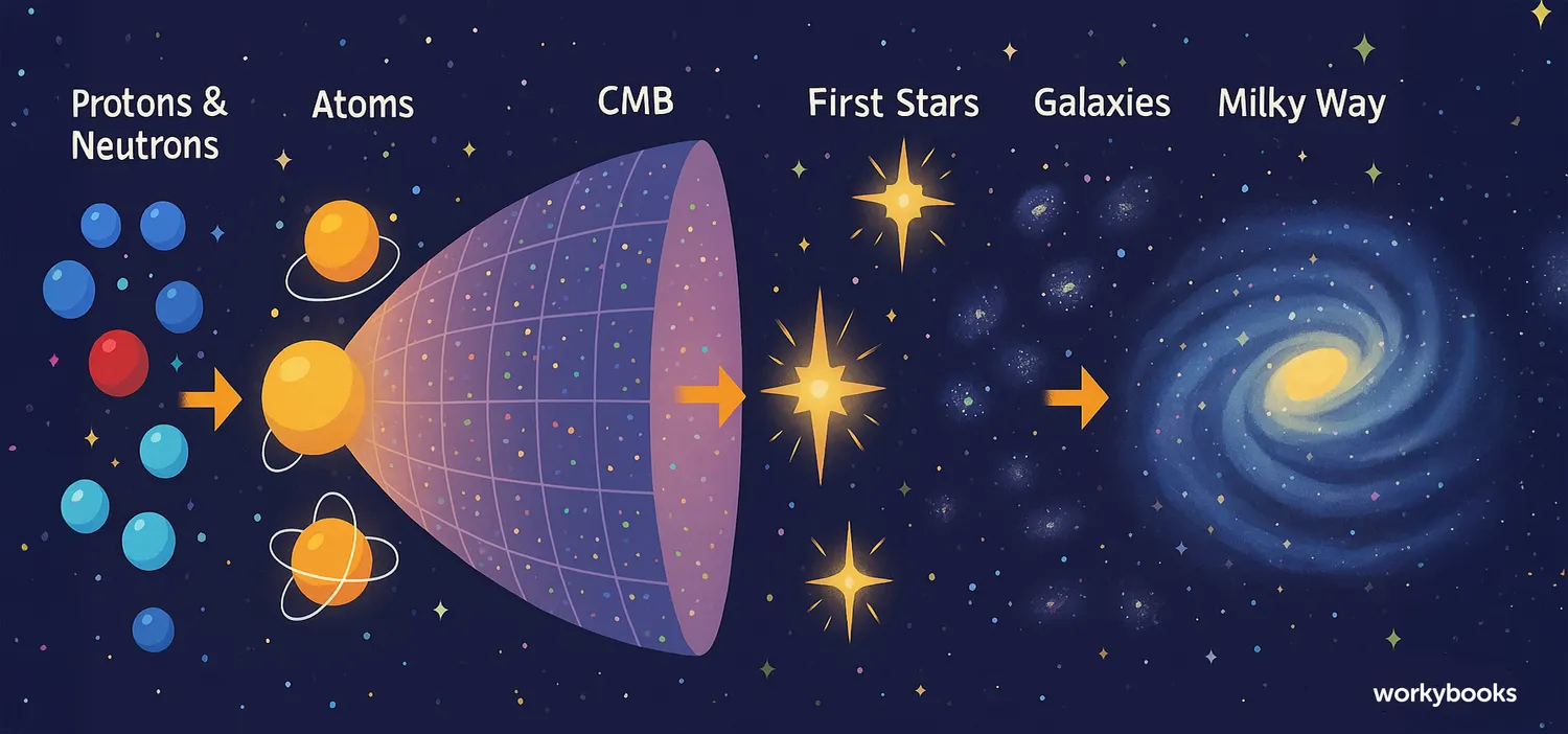 Big Bang timeline from singularity to galaxies, labeled stages, small site credit.