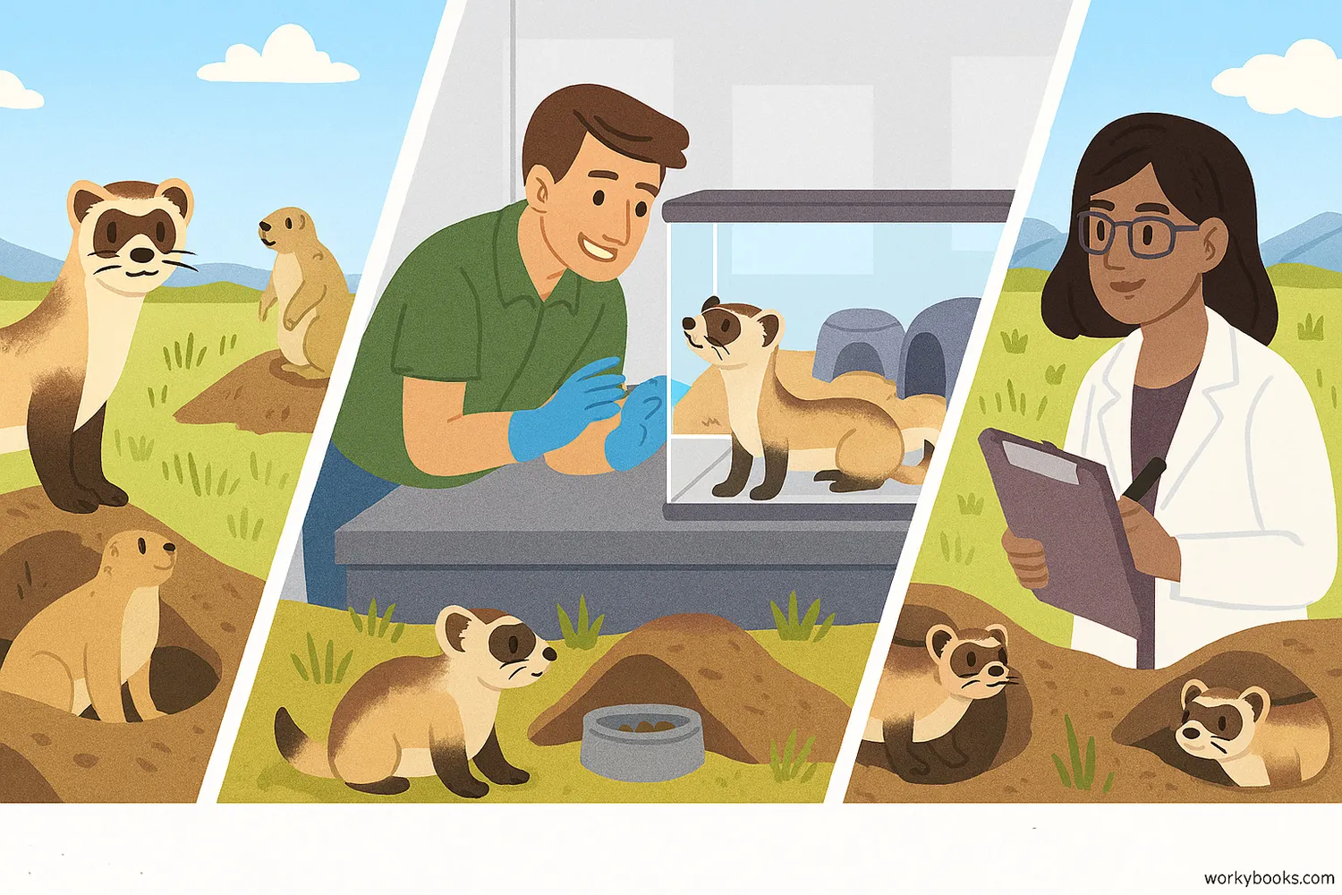 Black-footed ferrets in prairie habitat, breeding center, and reintroduction scenes with scientists and prairie dogs.