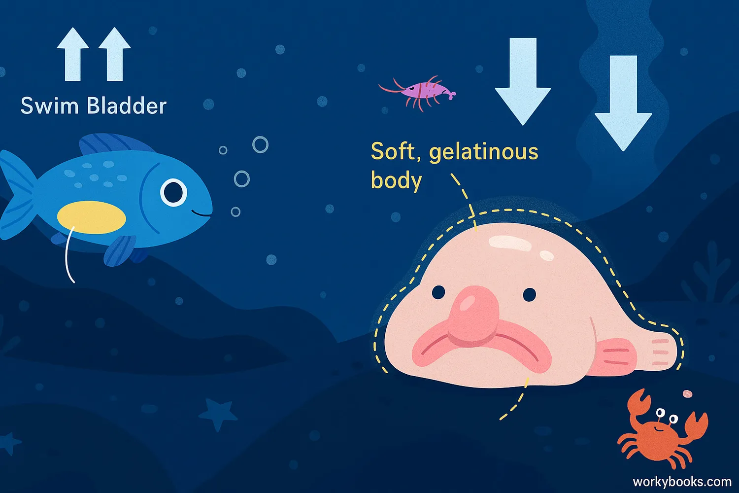 Blobfish floats above ocean floor with crustaceans, showing jelly body and deep-sea pressure.