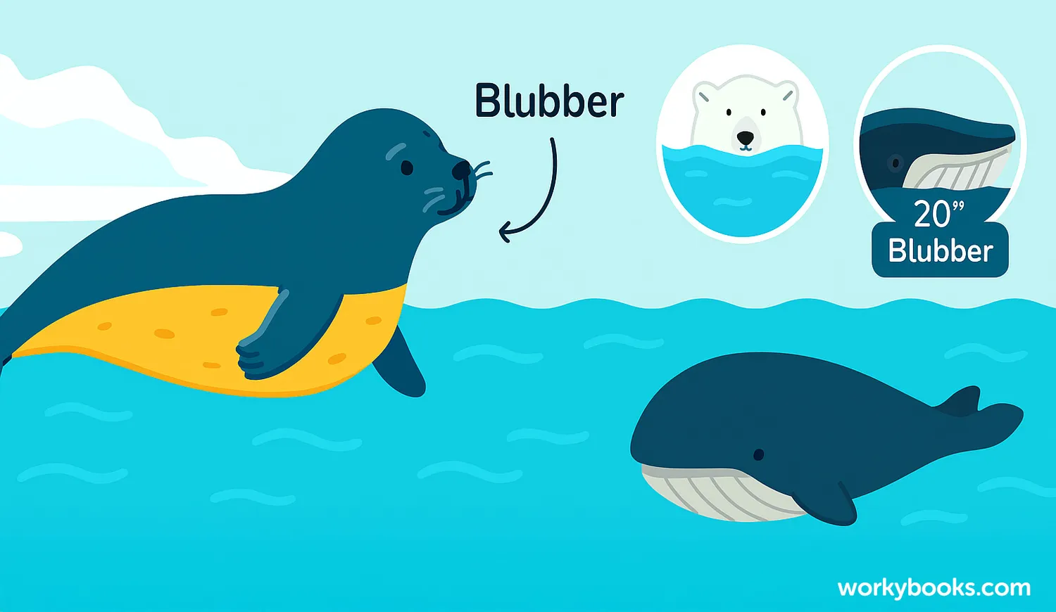Marine mammals in icy water with labeled blubber layers for insulation.
