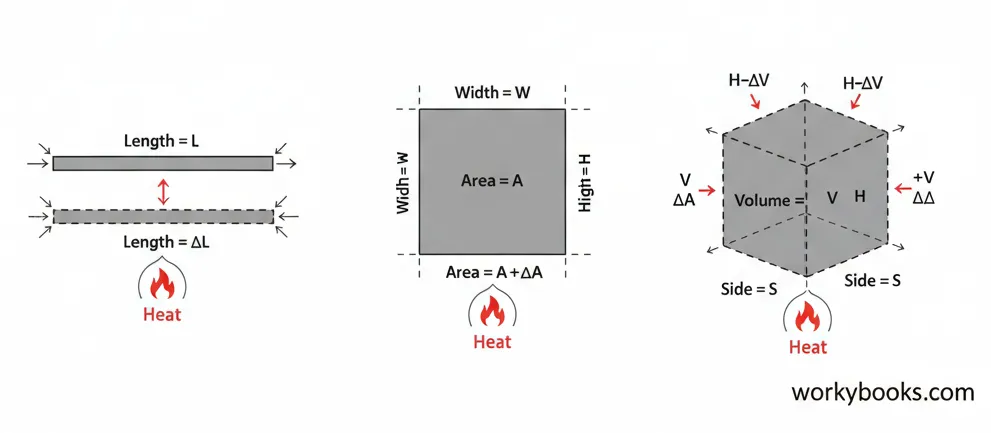 Three diagrams showing linear, area, and volume expansion with measurements