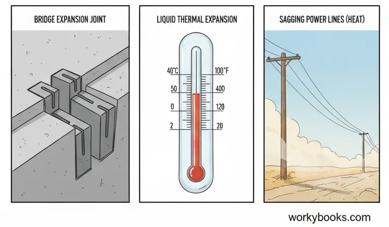 Collage of real-world thermal expansion examples: expansion joints, thermometers, power lines