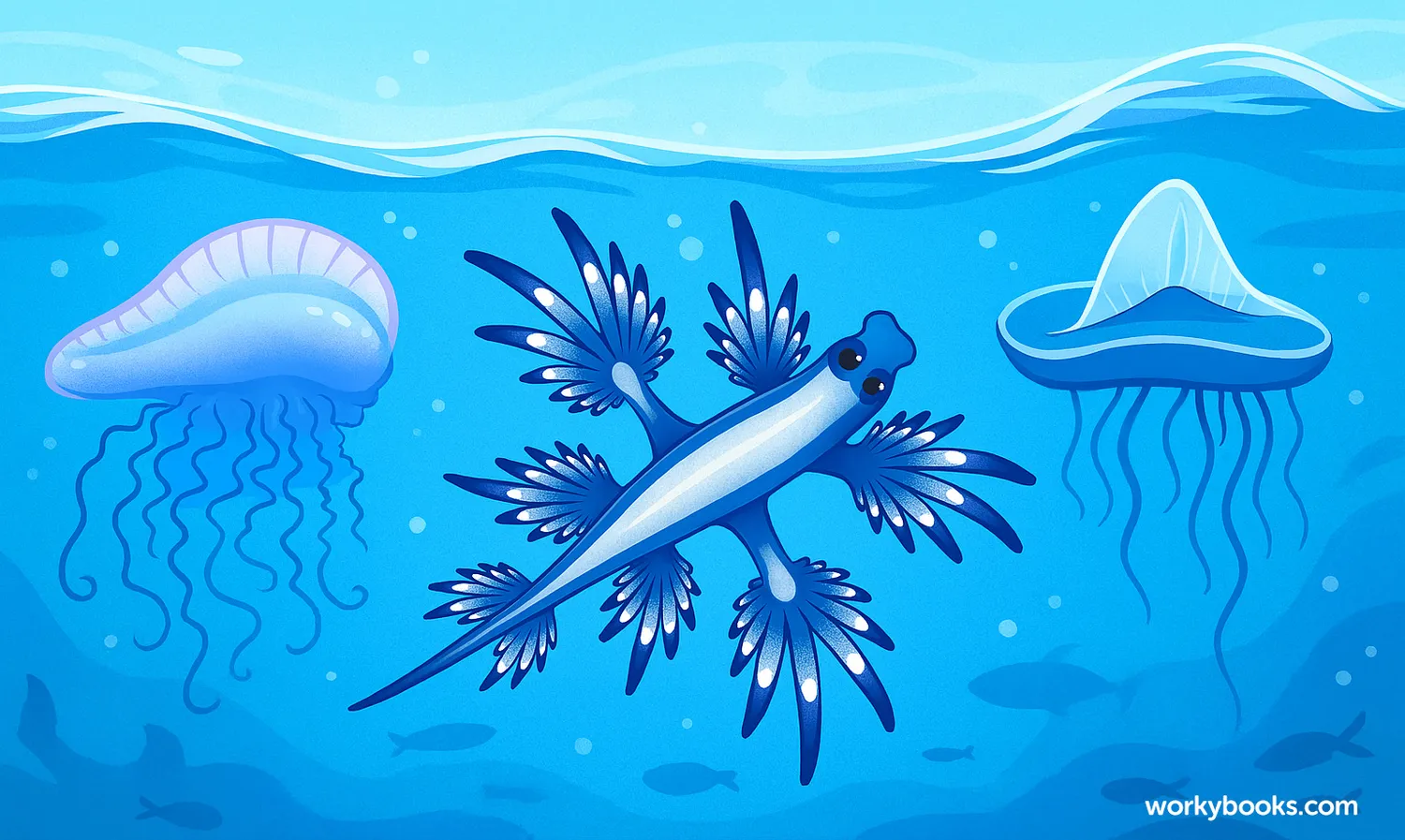 Blue Glaucus floats upside down, eating venomous prey in the open ocean. 📘 Image caption: Blue Glaucus absorbs venom from prey for defense in the pelagic zone.