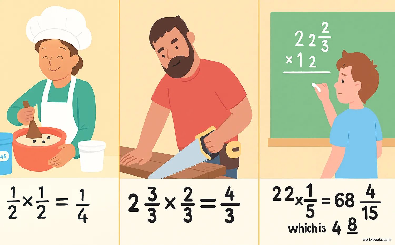 Real-world applications of multiplying mixed numbers in recipes, construction, and measurements