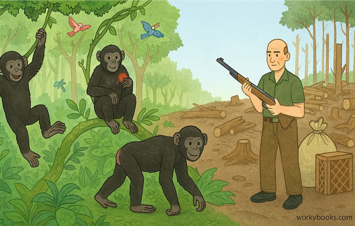 Bonobos in rainforest with logging and poaching threats, plus conservation efforts shown side by side.