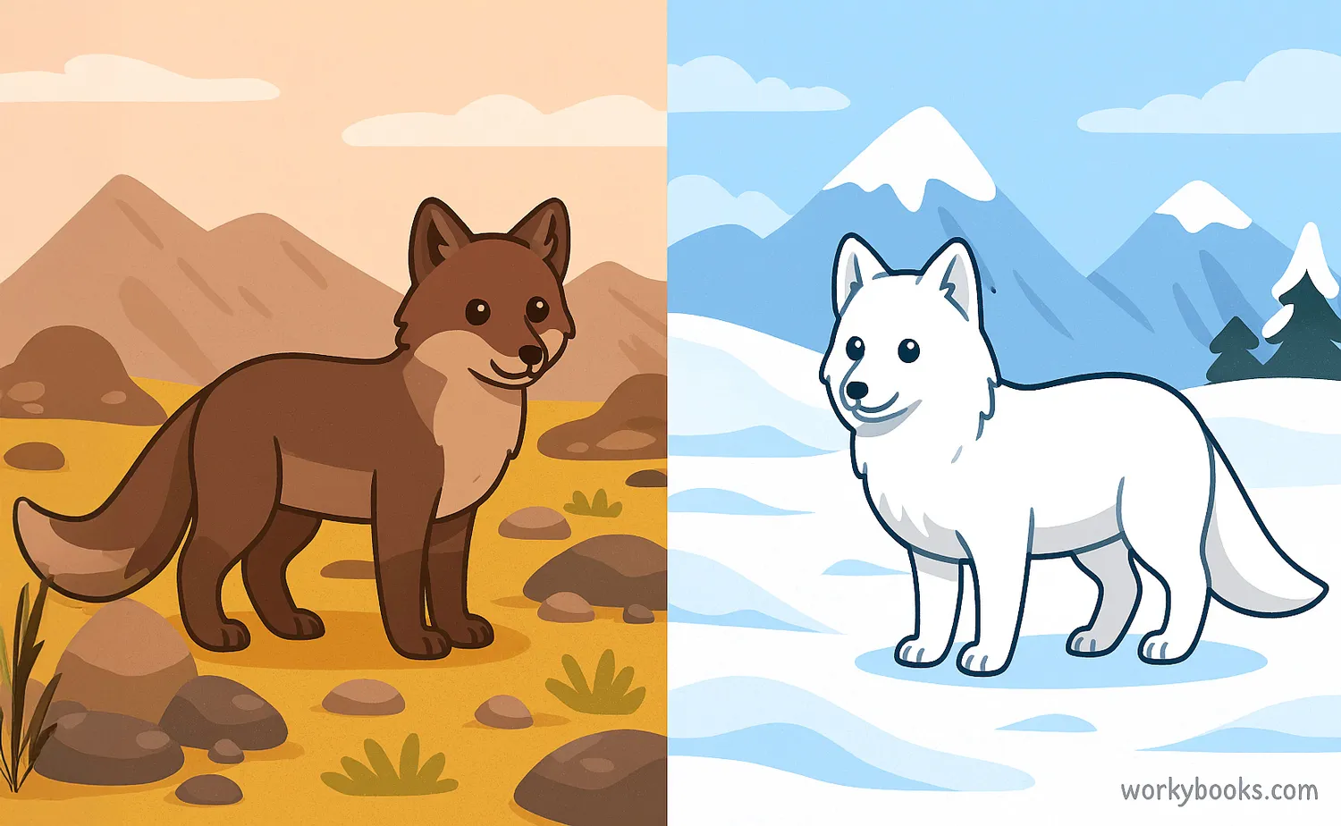 Arctic fox in summer and winter coats, camouflaged in rocky and snowy landscapes. Image caption: Arctic fox adapts its coat color to blend into summer and winter environments.