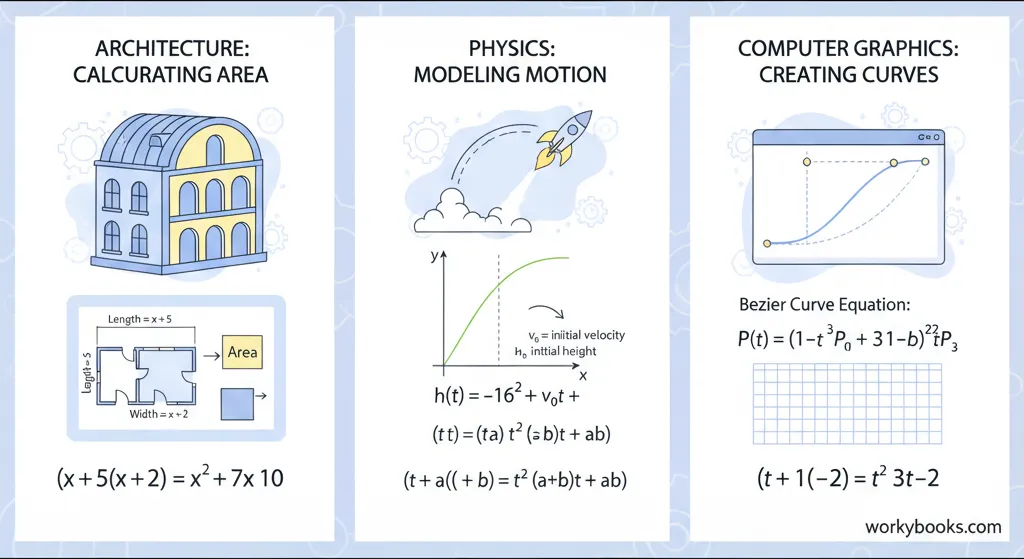 Illustration showing real-world applications of polynomial multiplication in architecture, physics, and computer graphics