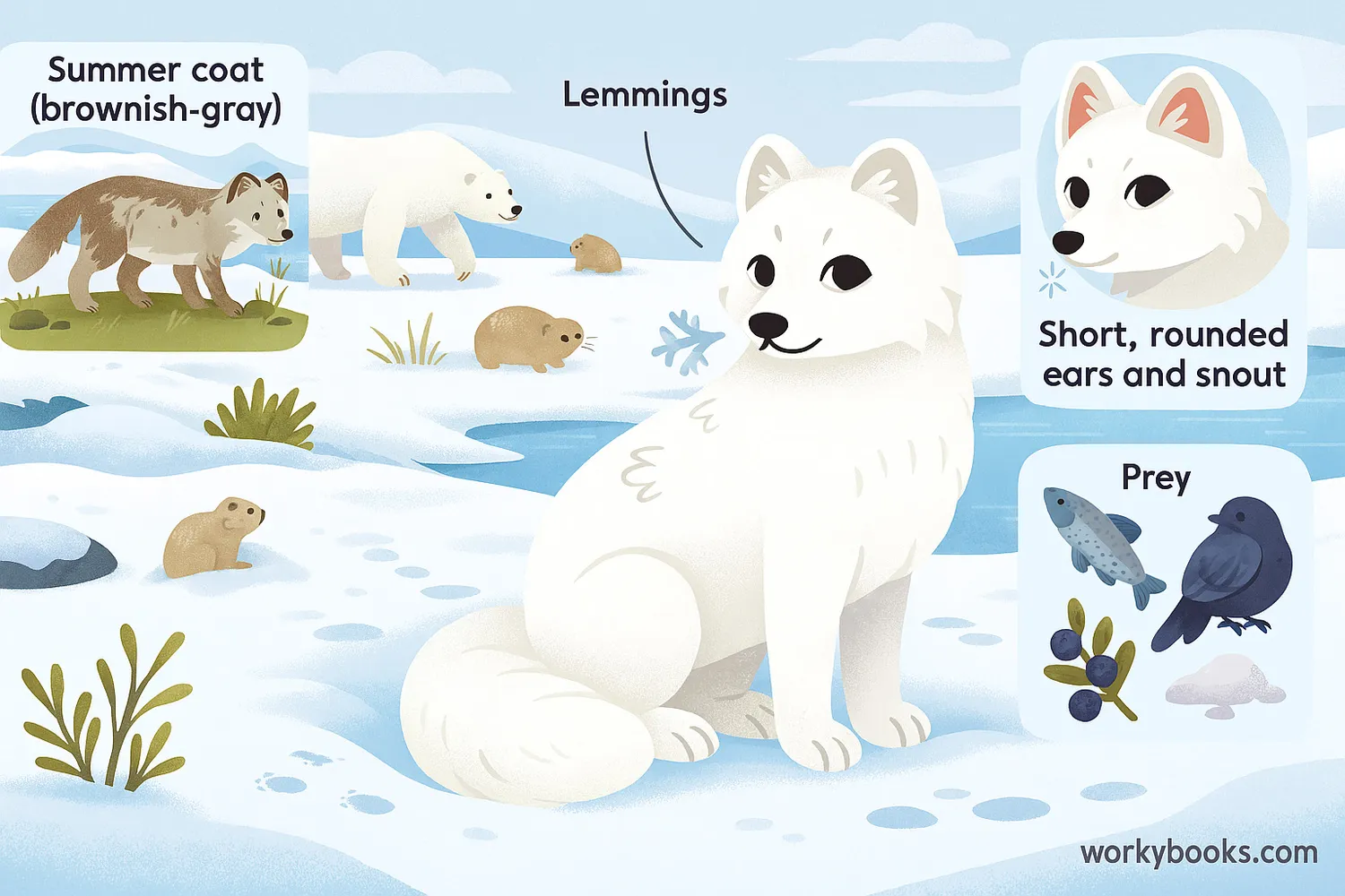 Arctic fox in seasonal coats hunting lemmings in snowy tundra with prey and adaptations shown