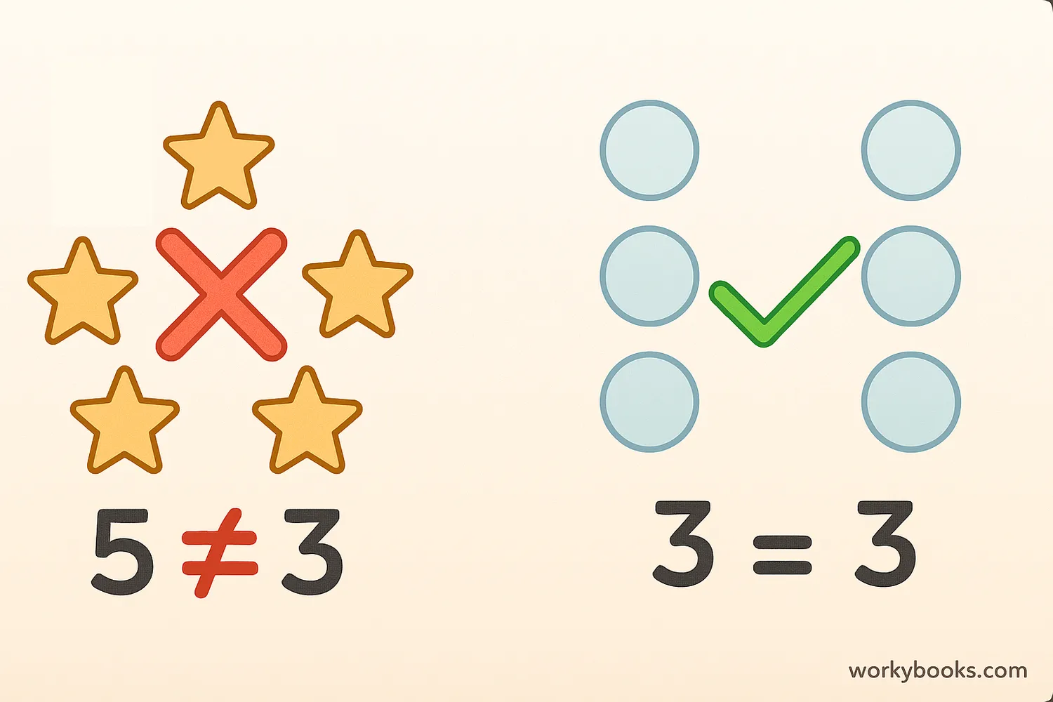 Diagram showing how the not equal sign compares different values