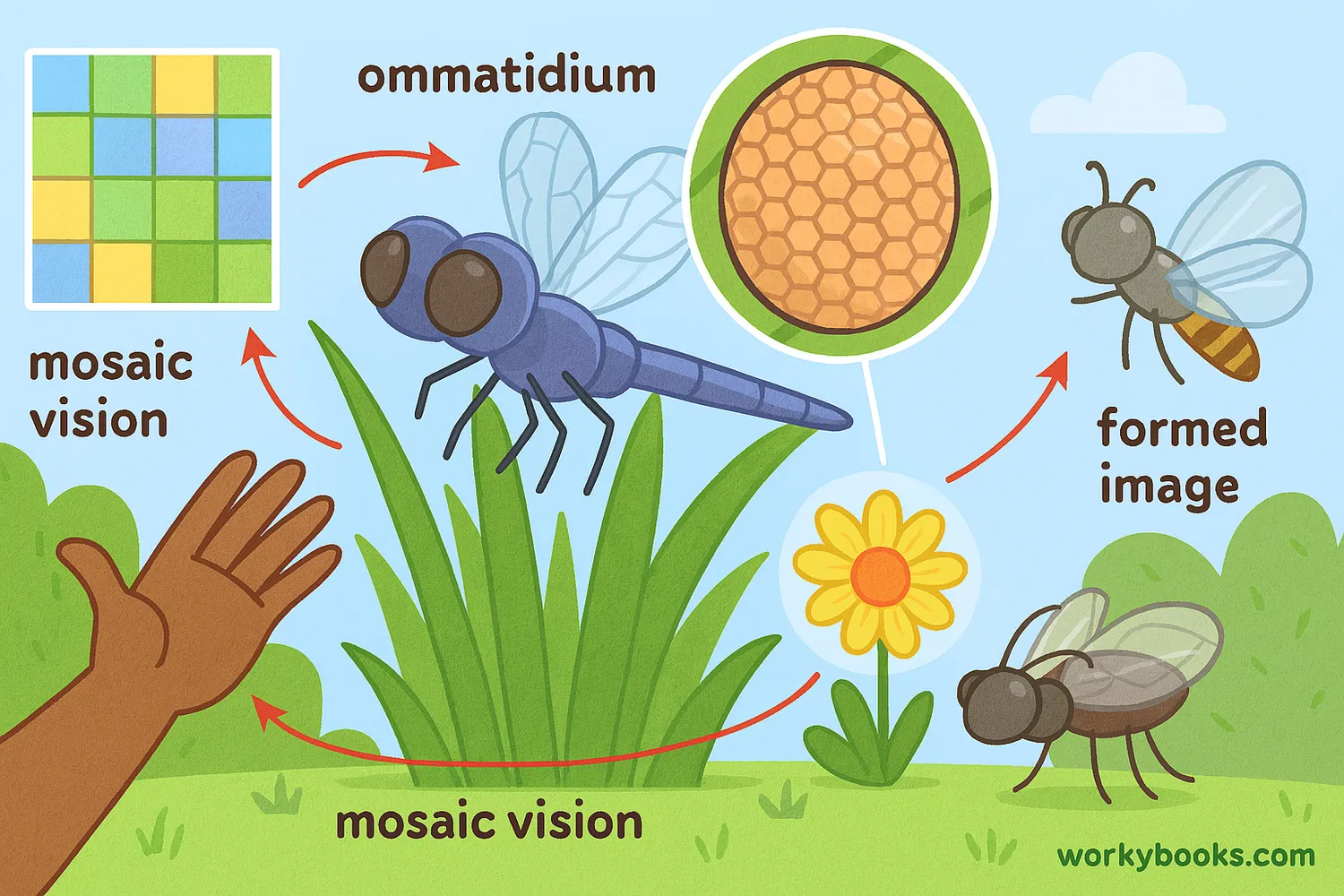 Insects with compound eyes showing mosaic vision and movement detection in a natural environment.