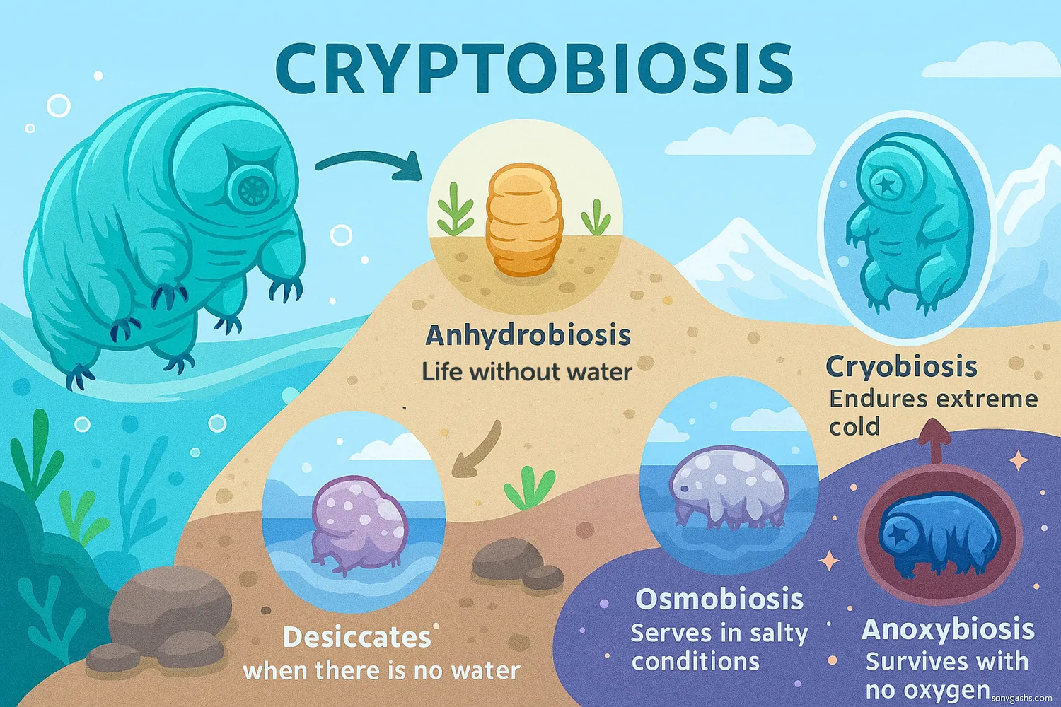 Tardigrade showing cryptobiosis types: anhydrobiosis, cryobiosis, osmobiosis, and anoxybiosis.
