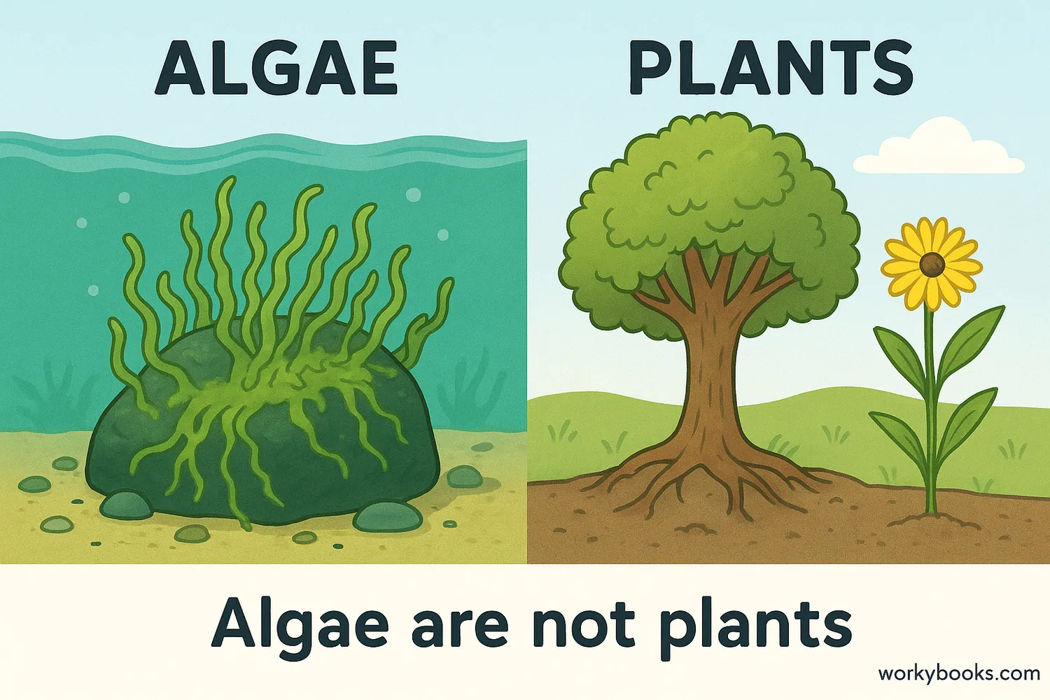 Algae underwater on a rock compared to plants with roots, stems, and leaves.